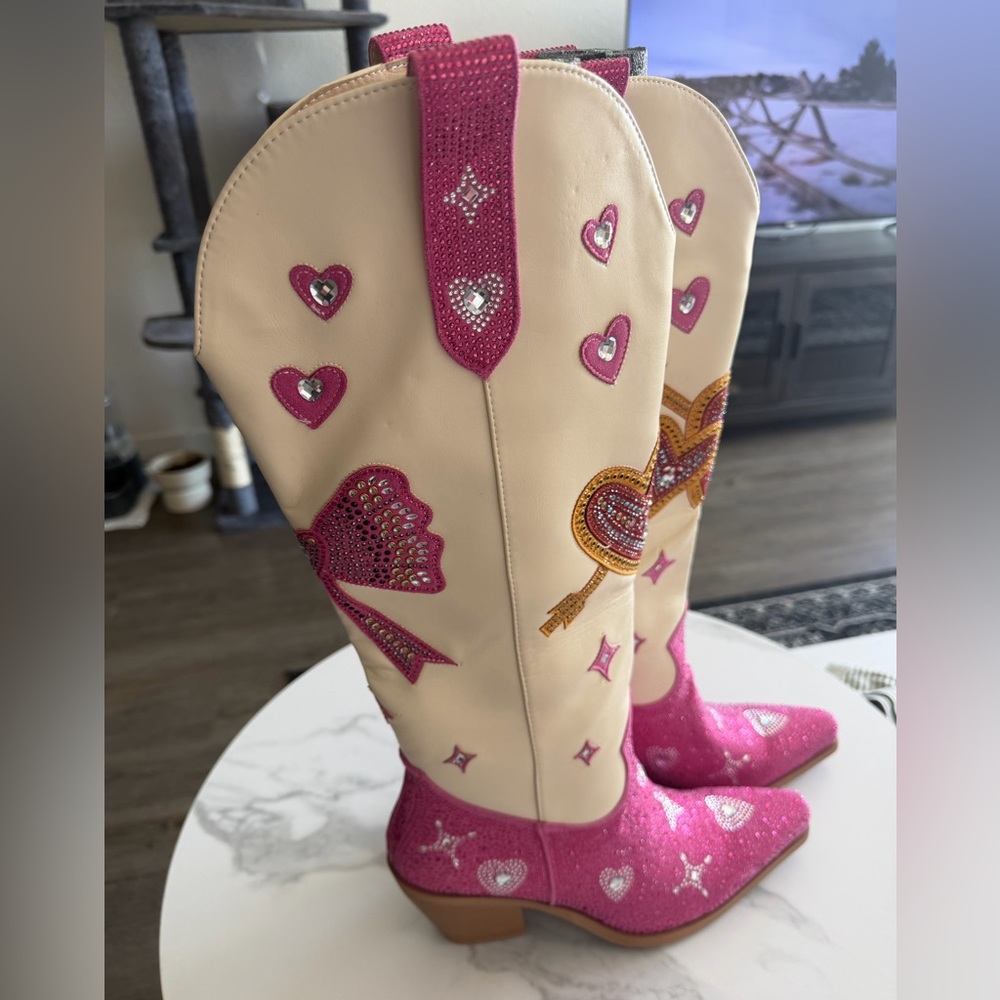 Pink and Cream Embellished Women's Boots - Picture 10 of 12